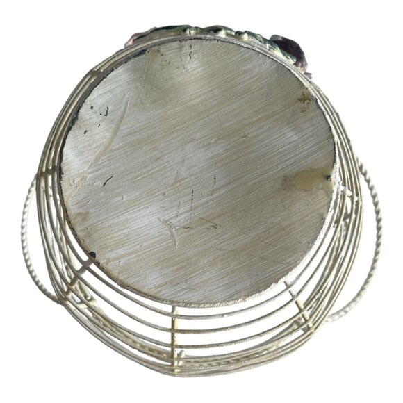 Vtg Wire Basket with Hand-Painted Ceramic Roses – Red, Blue, Purple Flowers - Picture 3 of 3